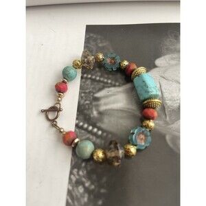 Nepal beads, green, red, turquoise color mix, Czech glass, brass metal, bracelet